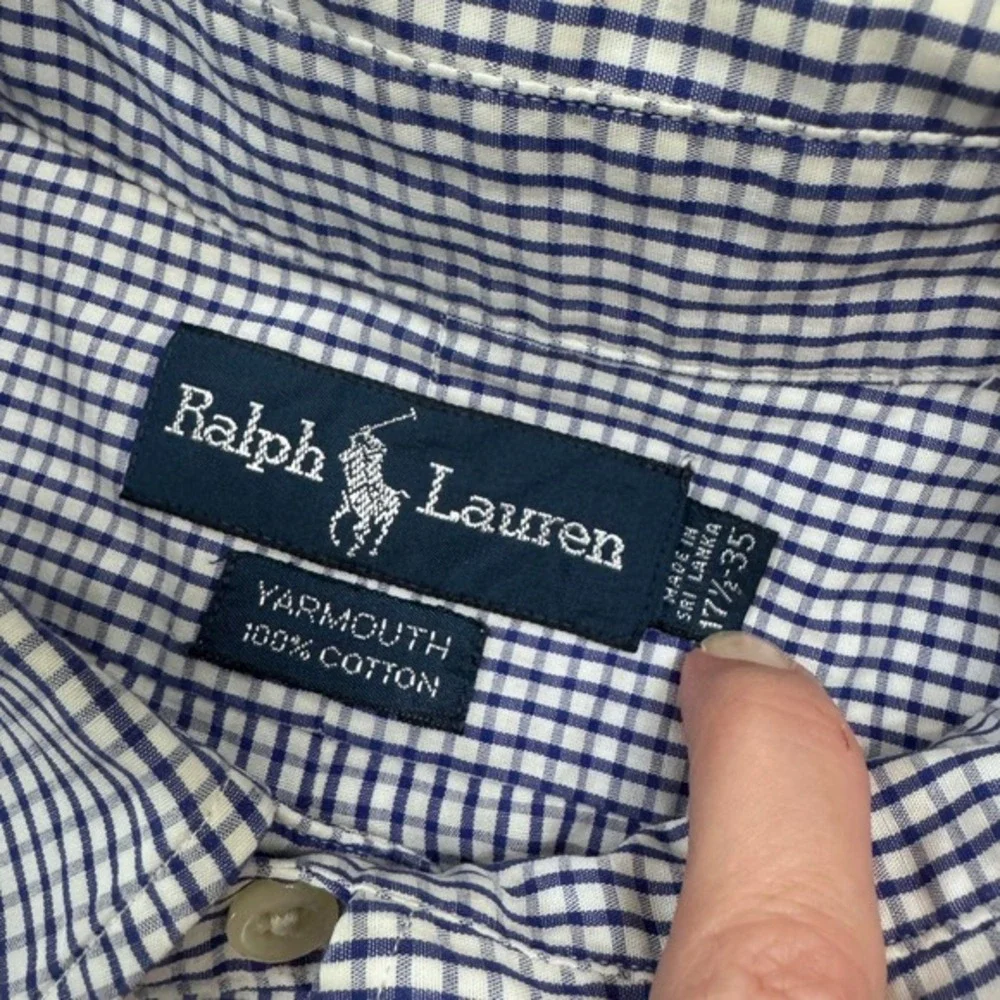 Ralph Lauren Polo Dress Shirt Mens 17.5 35 Navy Blue‎ White 100% Yarmouth Cotton